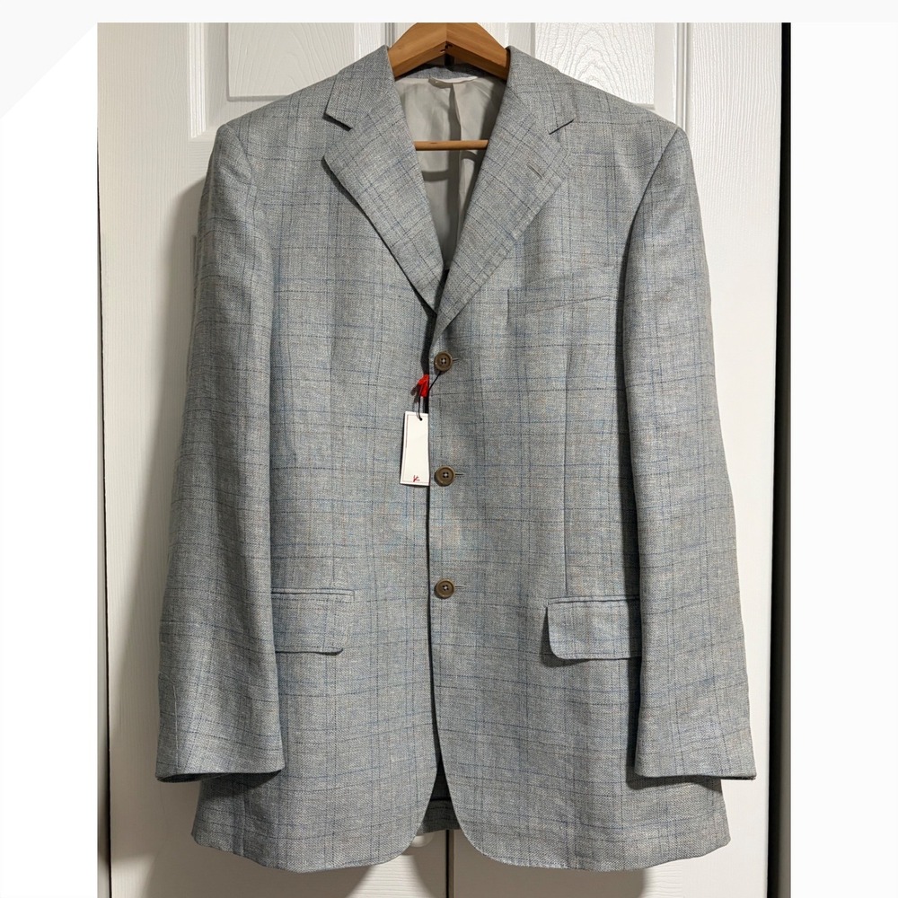 Isaia Napoli Mens Light Blue Linen Wool Windowpane Blazer Sport Coat Italy 48